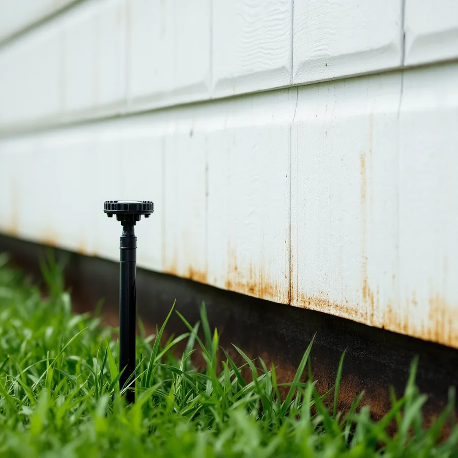 Lawn sprinkler head beside a painted wooden wall with rust-colored water stains and a dark wet band along the bottom