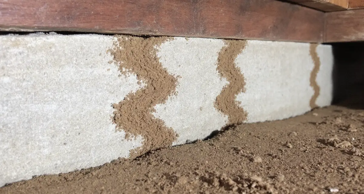 Brown earthen mud tubes running up a concrete foundation footing to the wooden floor beam of a raised house